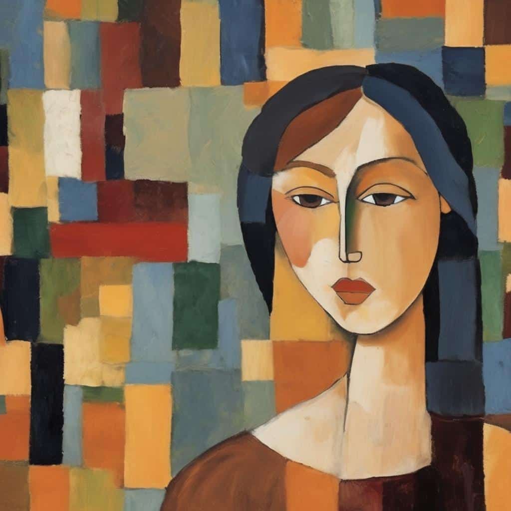 Ζωγραφική γυναικείας φιγούρας σε αφαιρετικό στυλ, με ζωηρά χρώματα και γεωμετρικά σχήματα, εκφράζοντας την εσωτερική ματιά και την τέχνη, αναδεικνύοντας την καλλιτεχνική δημιουργικότητα και αίσθηση.