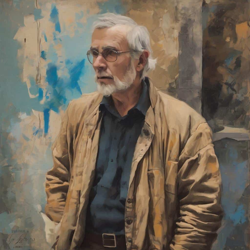 Ανθρώπινη φιγούρα σε εσωτερικό χώρο, ελαιογραφία με καλλιτεχνική ματιά, πορτρέτο ηλικιωμένου άνδρα με γκρίζα μαλλιά και γυαλιά, σε μινιμαλιστικό και εκλεπτυσμένο στυλ, δείχνει την εσωτερική τέχνη και προσωπικότητα.