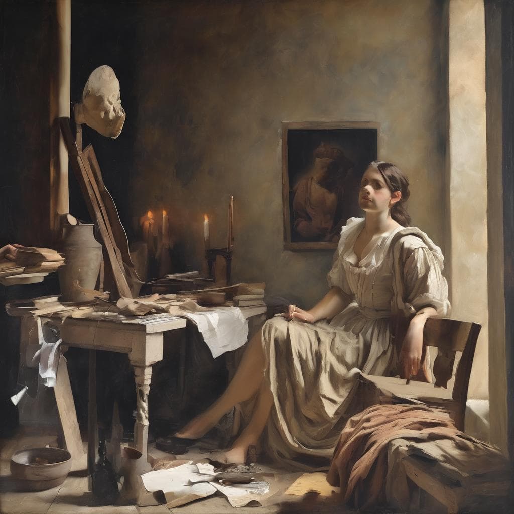 Ανθρώπινη γυναίκα καθισμένη σε εσωτερικό χώρο με ρομαντικό φωτισμό και έργα τέχνης, αναδεικνύοντας την τέχνη και την εσωτερική ματιά.