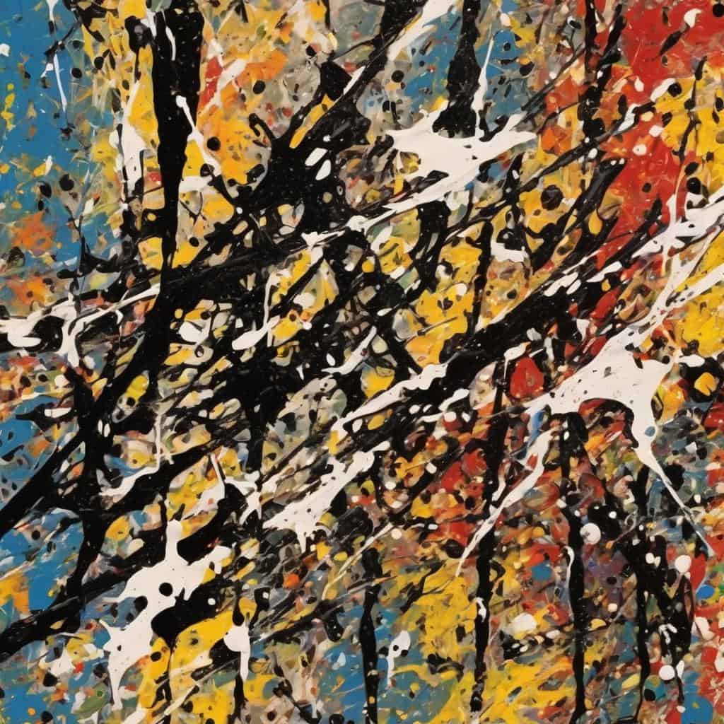 Φωτογραφία αφηρημένης τέχνης με πολύχρωμους πιτσιλιές και στρώσεις από χρώματα, δημιουργώντας μια ενέργεια και εσωτερική ματιά στην τέχνη.