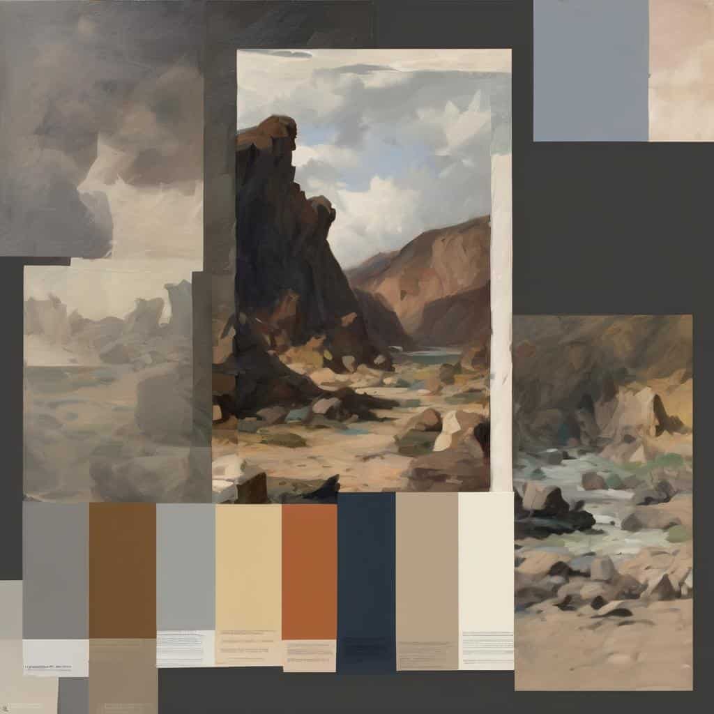 Ζωγραφική τοπίων με έμφαση στην τέχνη και την εσωτερική ματιά, σε αποχρώσεις γης και ουρανού.