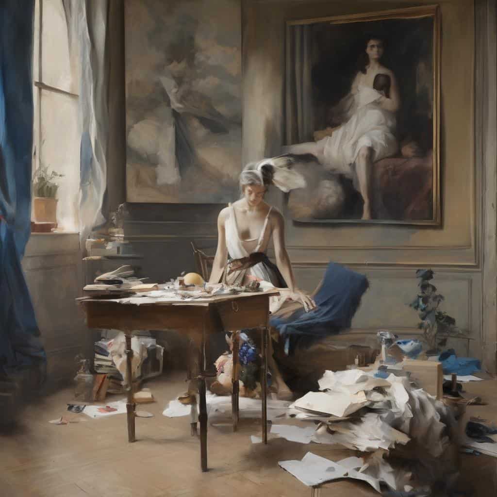 Ο πίνακας και το γραφείο σε εσωτερικό χώρο με καλλιτεχνική ατμόσφαιρα και μοντέρνο στυλ, ιδανικό για τέχνη και εσωτερική ματιά.