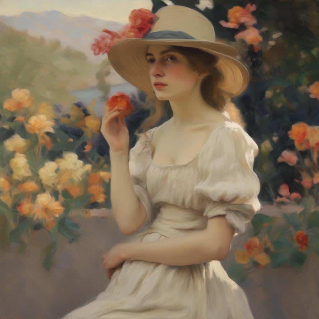 Ομορφη νεαρη γυναικα με καπέλο σε ανθισμένο τοπιο, ζωγραφική, τέχνη και εσωτερική ματιά, φυσική ομορφιά, ευαισθησία, ρομαντισμός, καλλιτεχνική φωτογραφία, ρομαντικό τοπίο, καλλιτεχνική δημιουργία, ζωγραφική στον αέρα, εσωτερική ματιά, οπτική τέχνη.